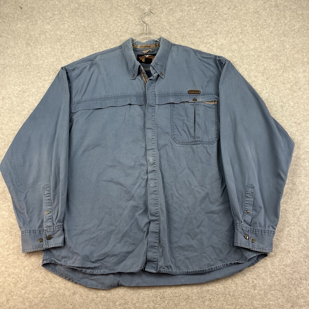Vintage Harley Davidson Shirt Mens 2XL XXL Blue Biker Canvas Button Embroidered